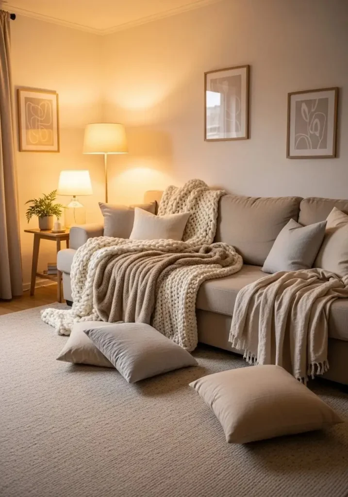 Beige couch decorated with layered textured throws and pillows for a cozy, stylish living room feel.