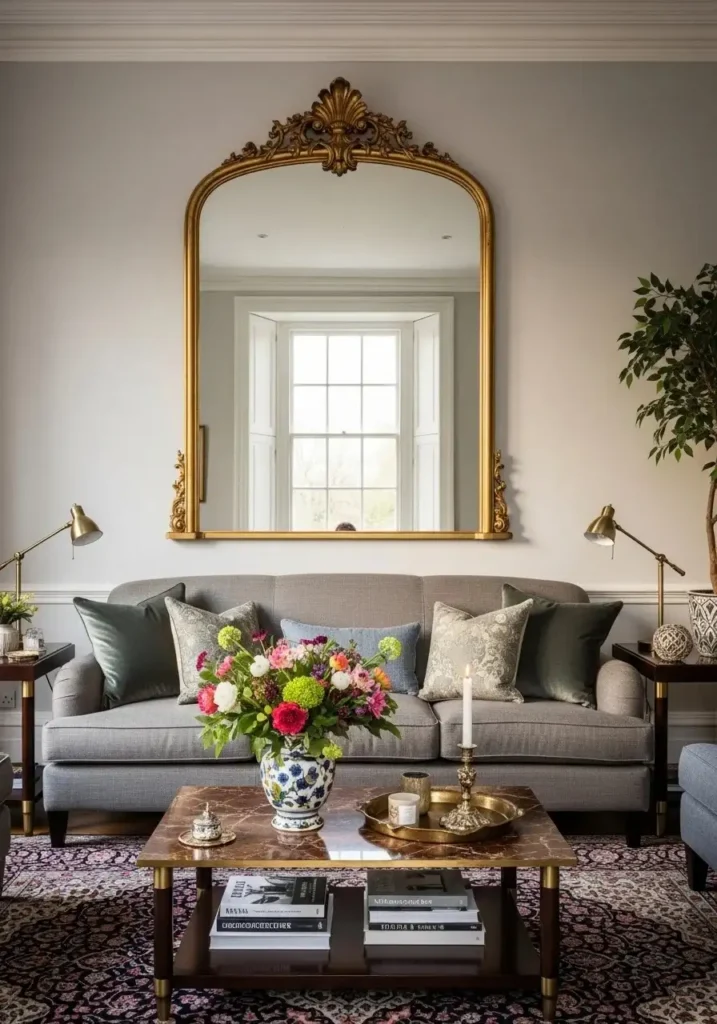 : Vintage living room with decorative mirror adding depth and brightness