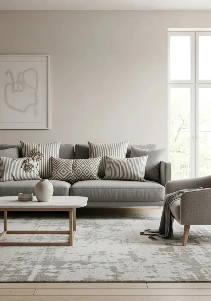 Mixed neutral patterns in gray and beige living room decor