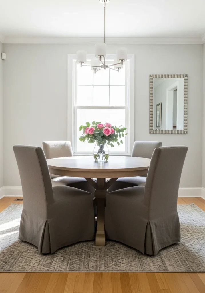 round dining table with fresh flower centerpiece