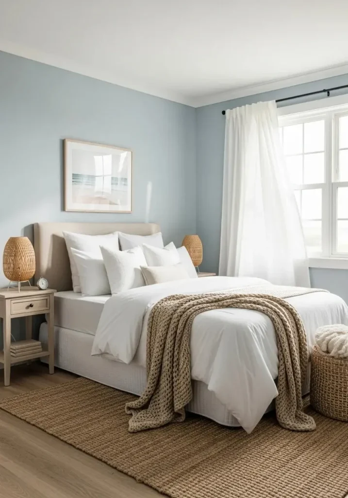 Coastal bedroom with blue and white color palette and soft natural lighting