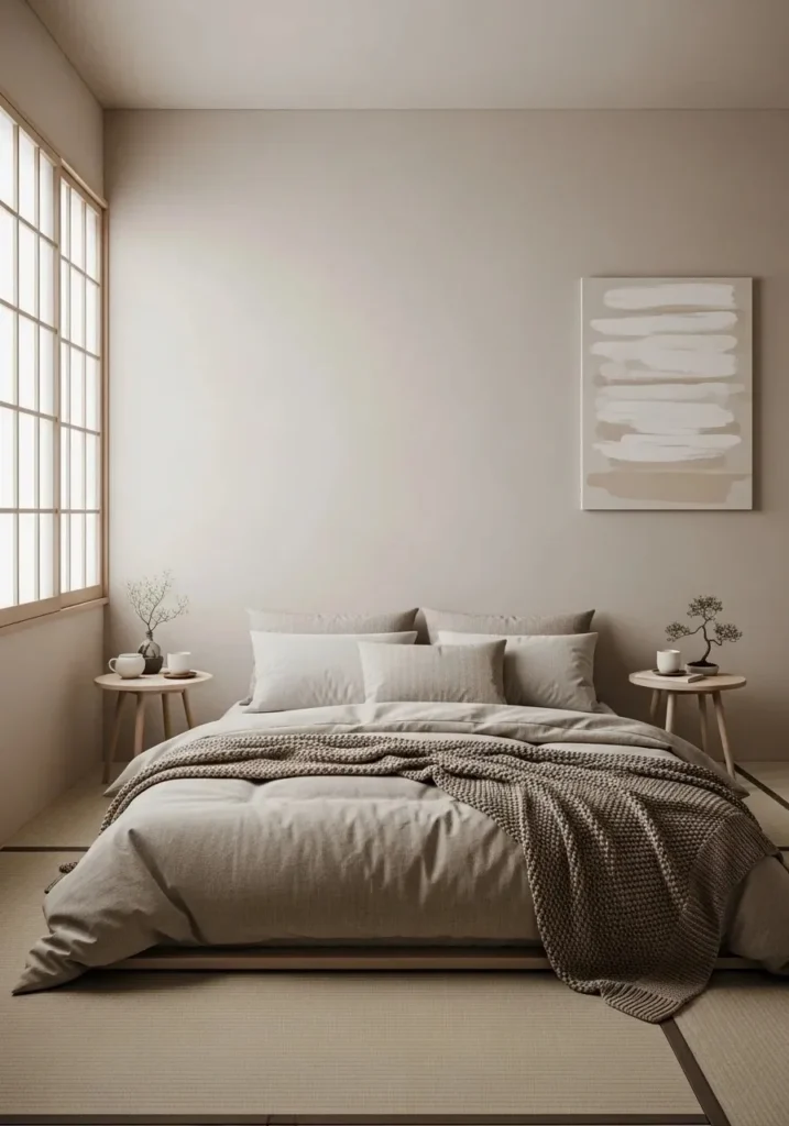 Neutral minimalist bedding in a serene Japanese bedroom