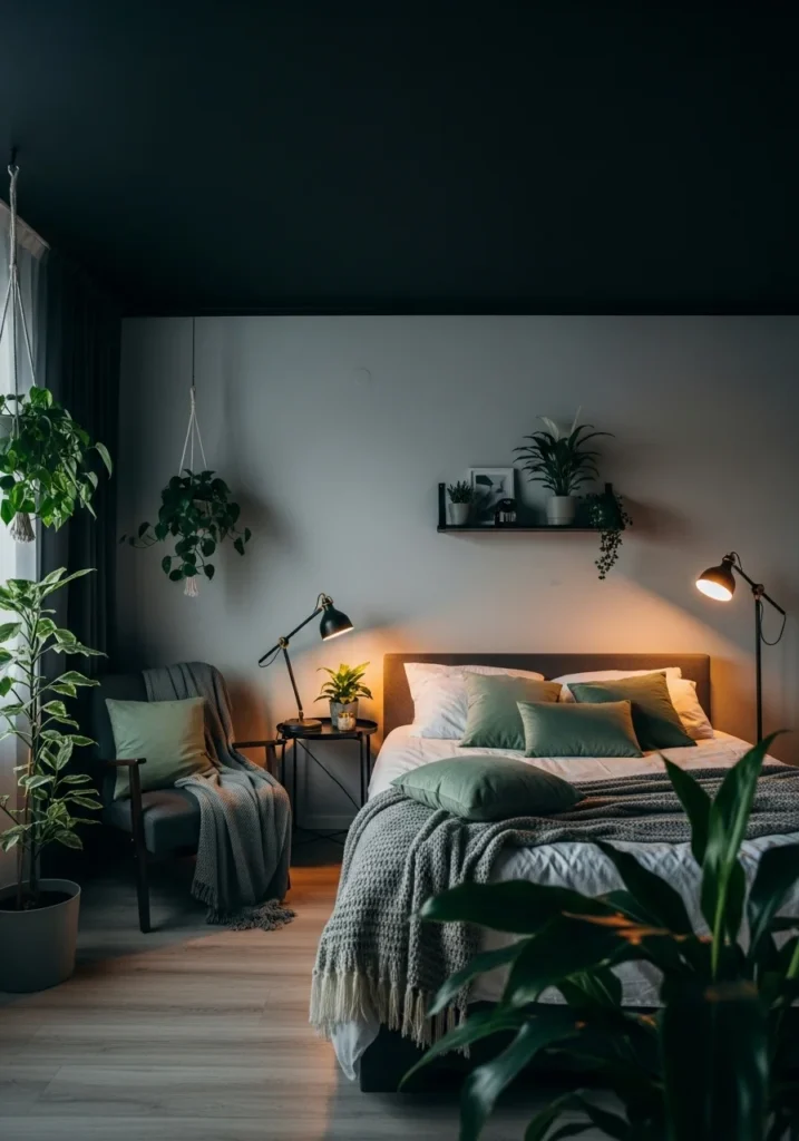 Black ceiling with green decor accents makes the bedroom feel cozy and modern.