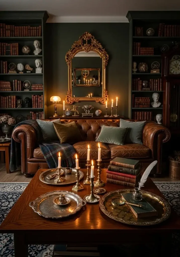 Brass and antique accents styled in a dark academia living room.