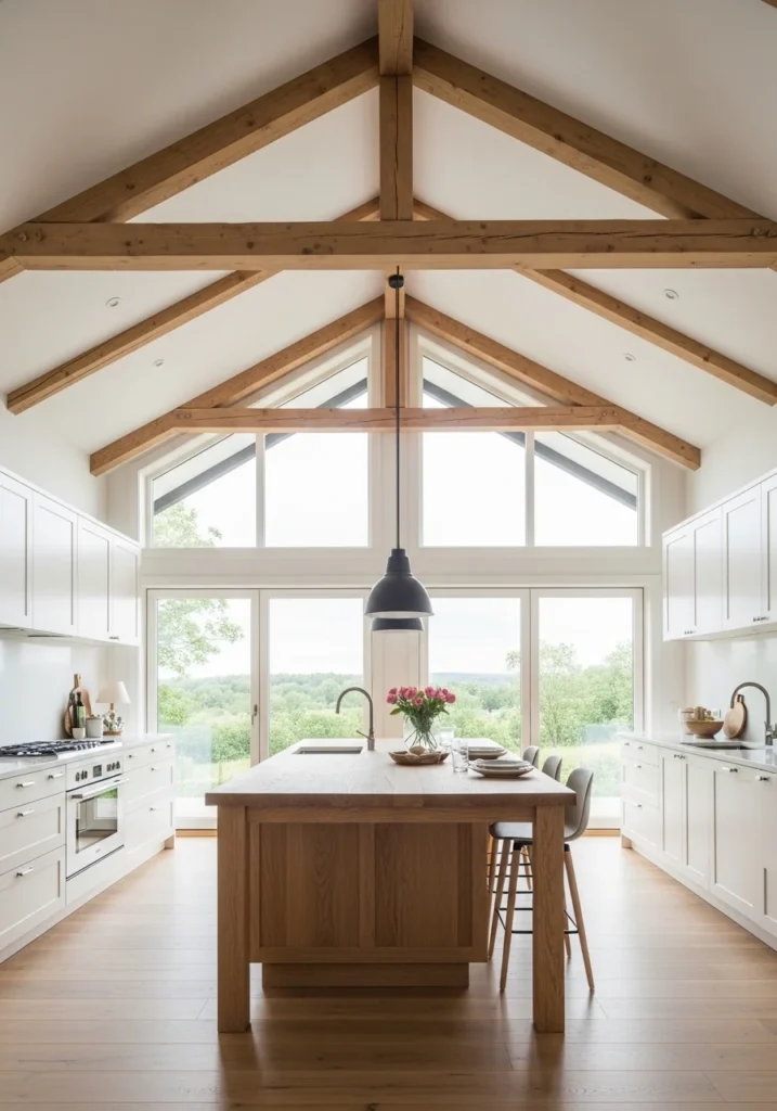 vaulted ceiling kitchen with large windows