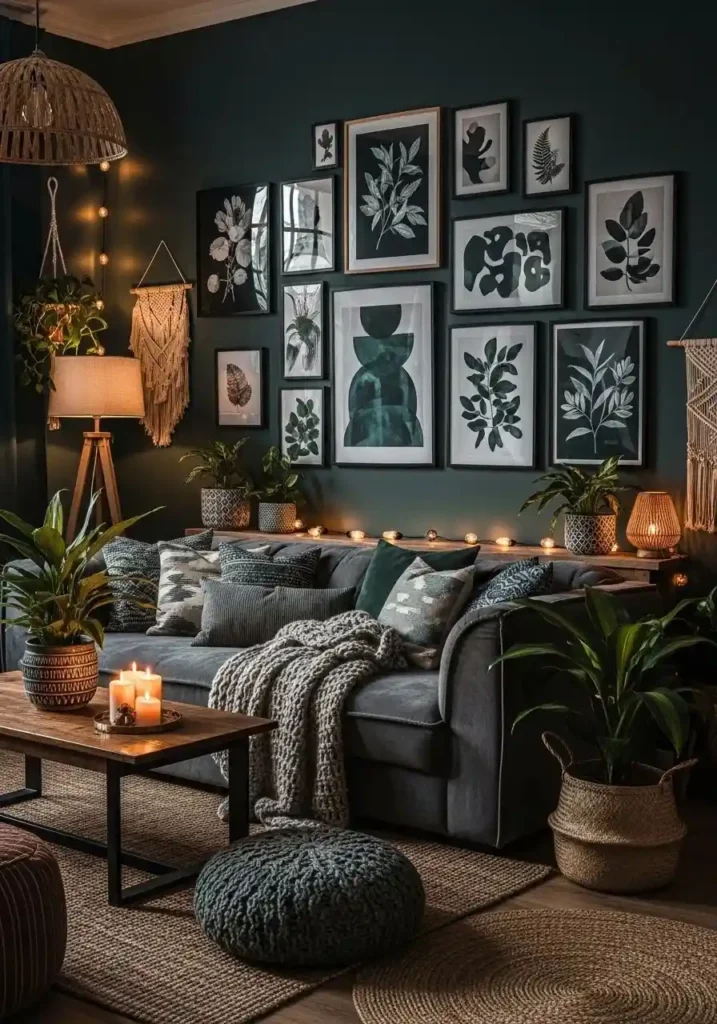 dark gallery wall in boho living room