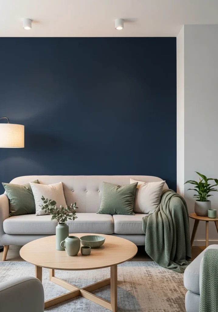 Navy accent wall with sage decor creating a bold yet balanced living room