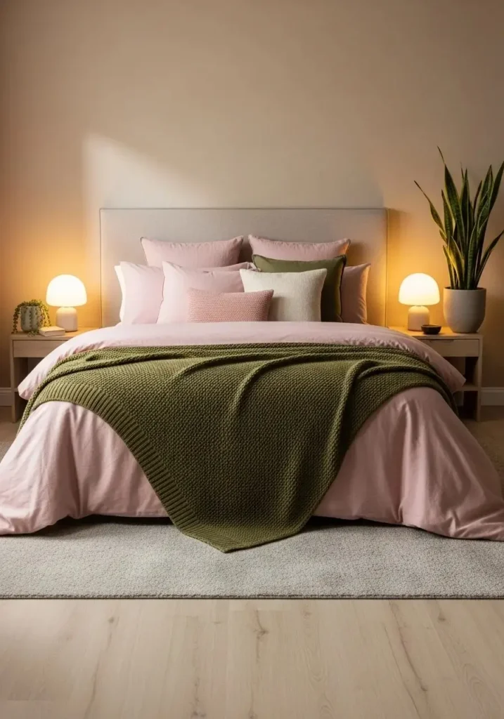 pink bedding with green throw blanket bedroom idea