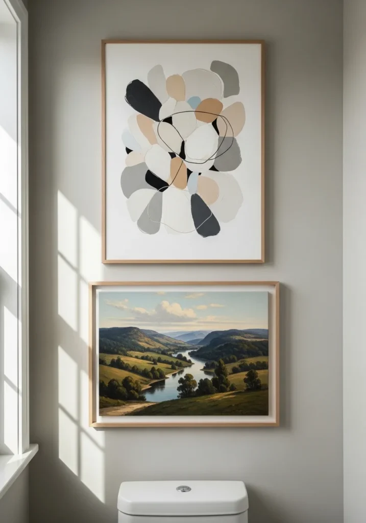 Framed bathroom wall art above toilet.