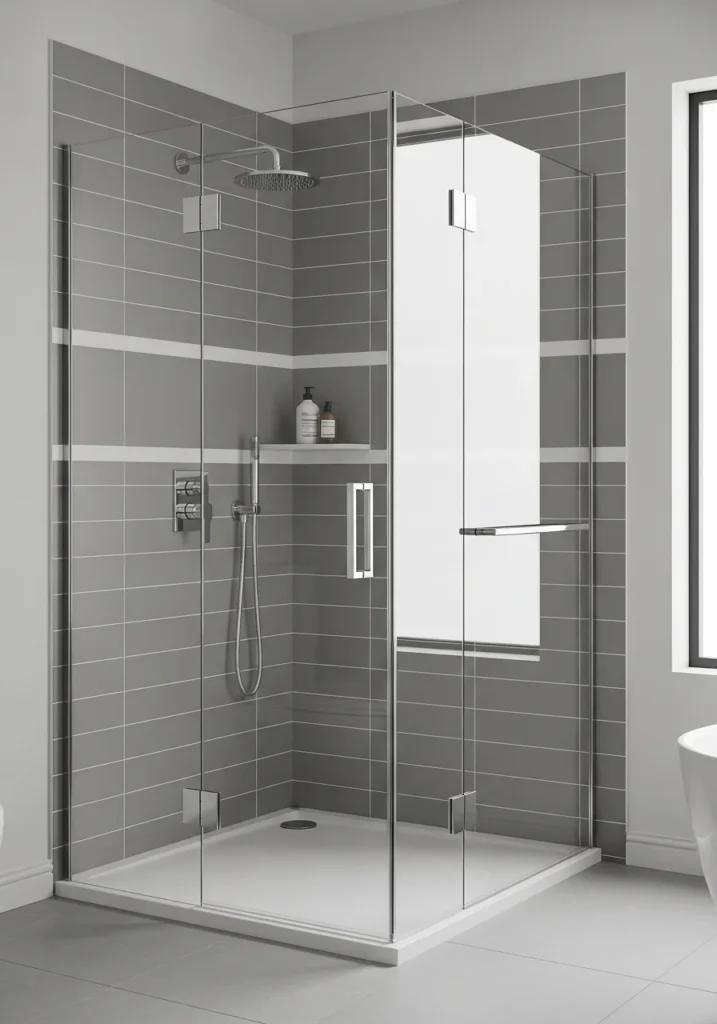 Frameless glass shower with gray subway tiles and chrome fixtures for a sleek modern look