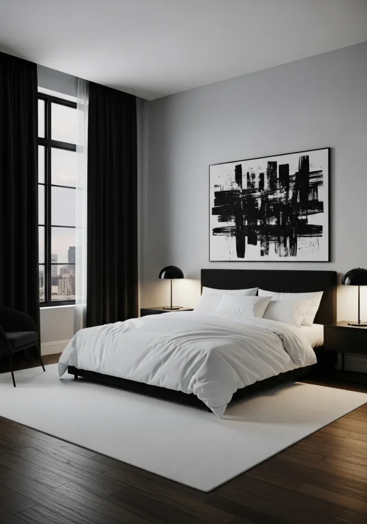 Bedroom with bold black curtains and white decor.