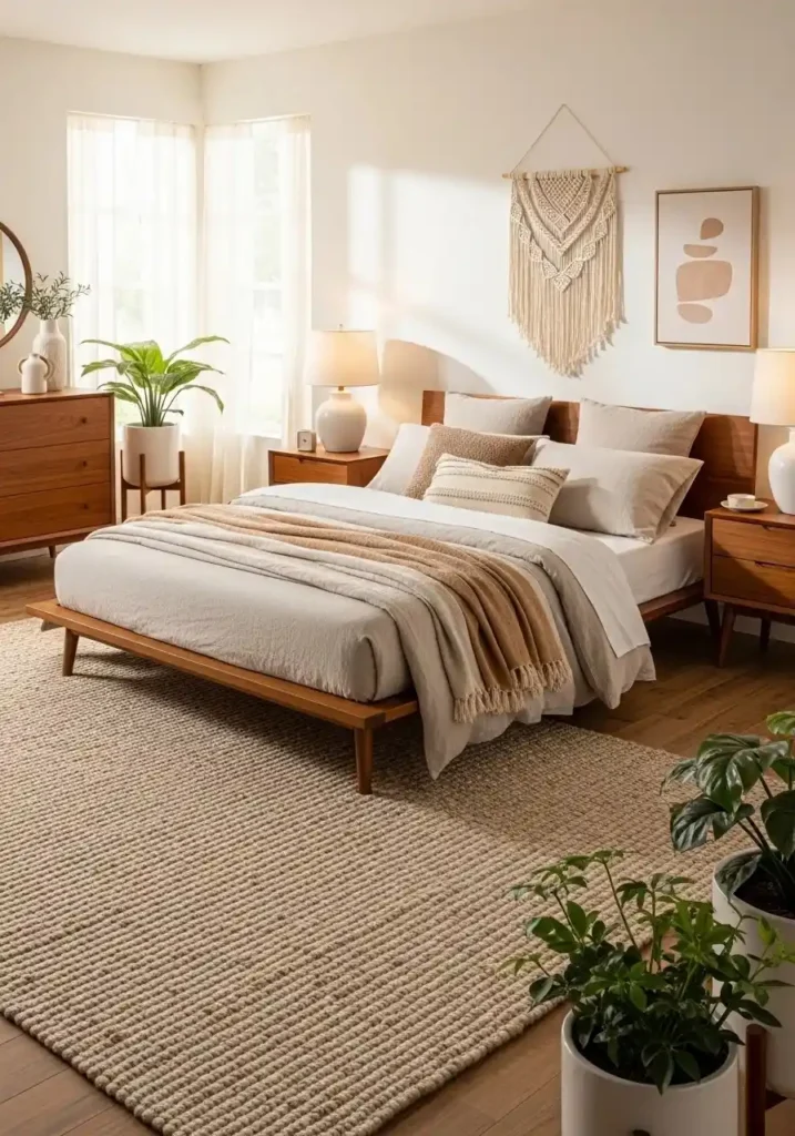 mid century bedroom with textured rug