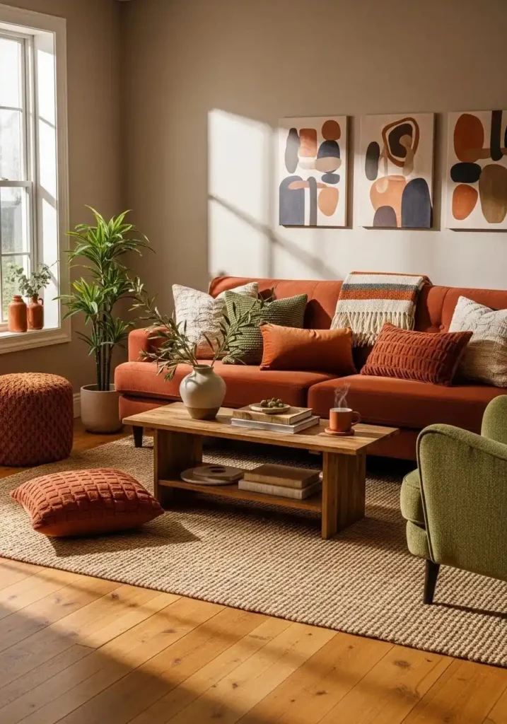 Earthy color palette in a rustic western living room with cozy accents.