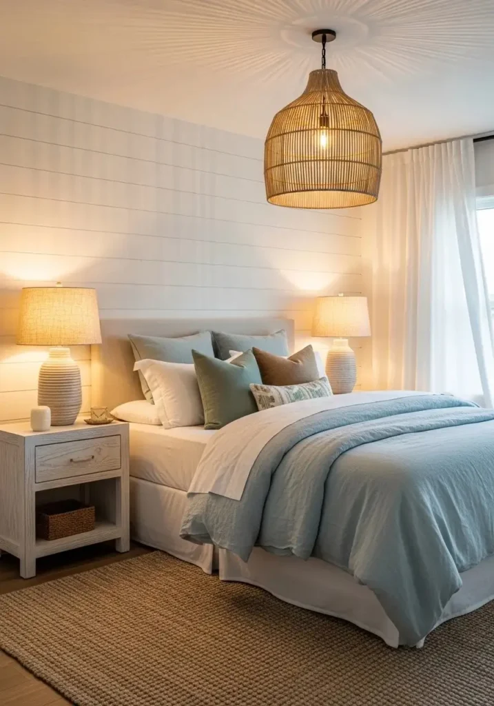 Coastal bedroom with soft ambient lighting and warm tones