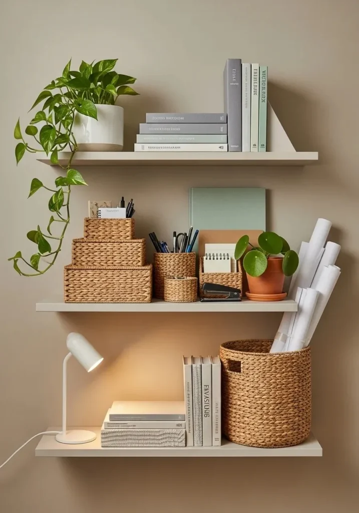 Open office shelving with decorative baskets, books, and plants, blending storage and style.