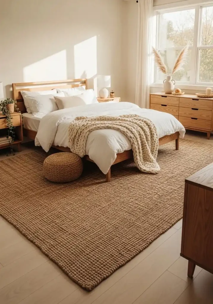 Coastal bedroom with natural fiber jute rug and neutral decor
