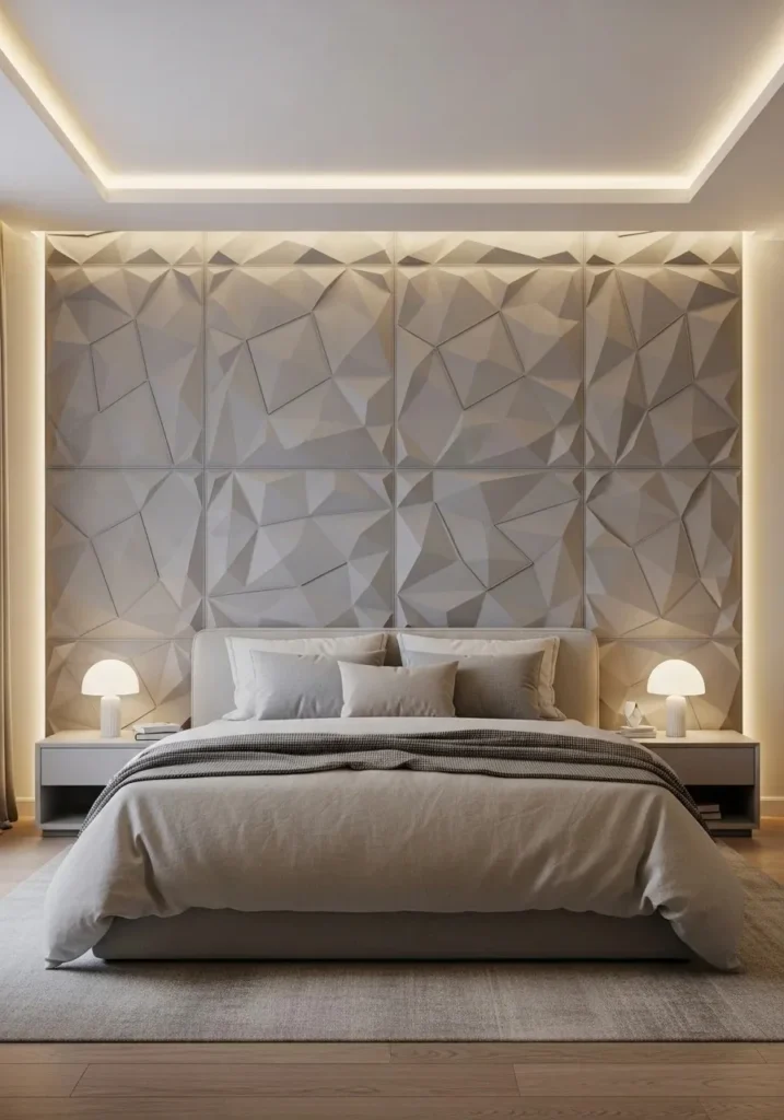 Textured wall panels creating depth in a bedroom accent wall.