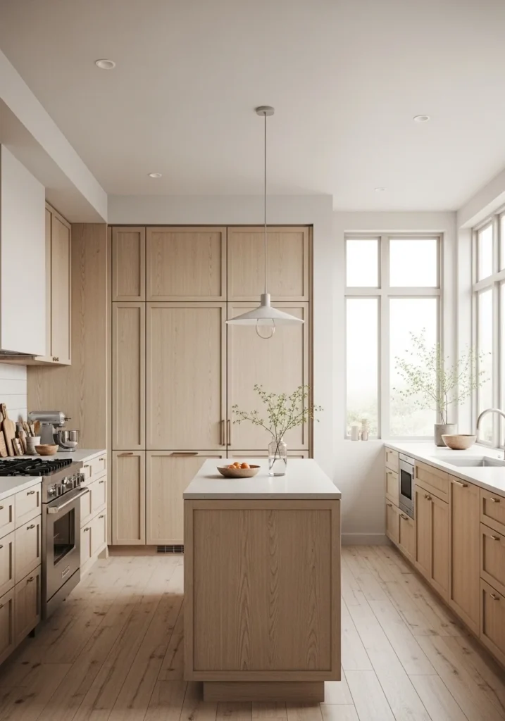 Japandi kitchen with integrated appliances and clean look