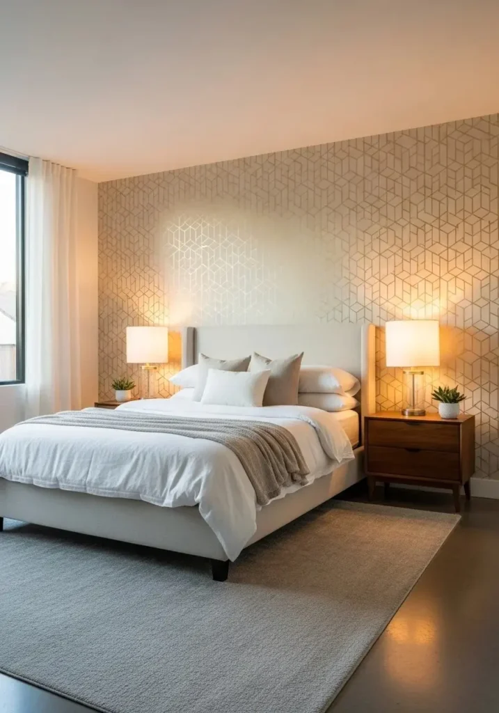 Bedroom with subtle gold metallic wallpaper accent wall