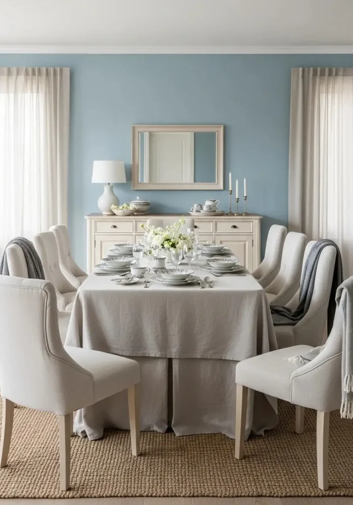 Comfortable dining room with soft blue walls and cream furniture, promoting a relaxed and inviting vibe
