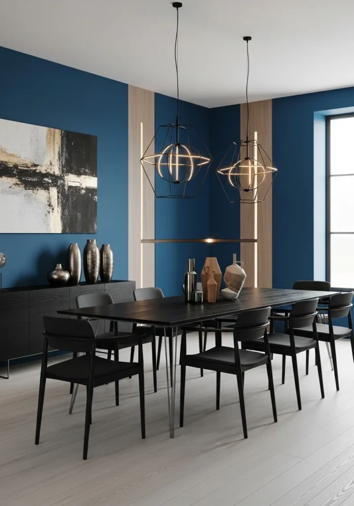 Modern blue and black dining room with high-contrast décor, creating a chic and edgy look.
