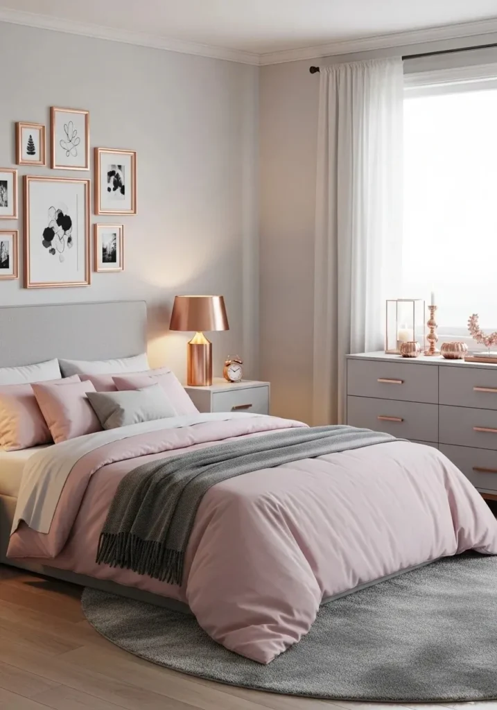 Pink and gray bedroom with metallic rose gold accents for a chic touch.