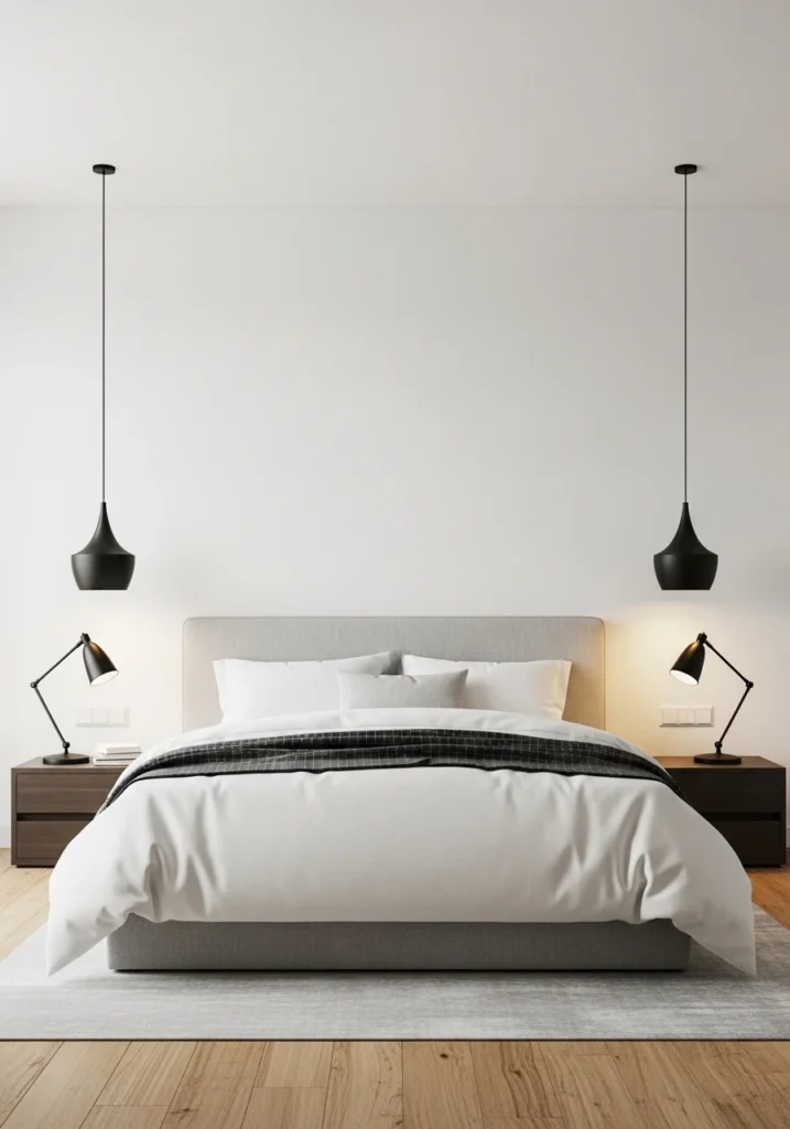 Bedroom with modern black lighting fixtures.