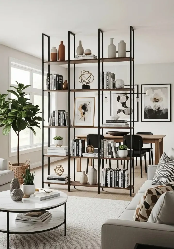 open bookcase divider in living room