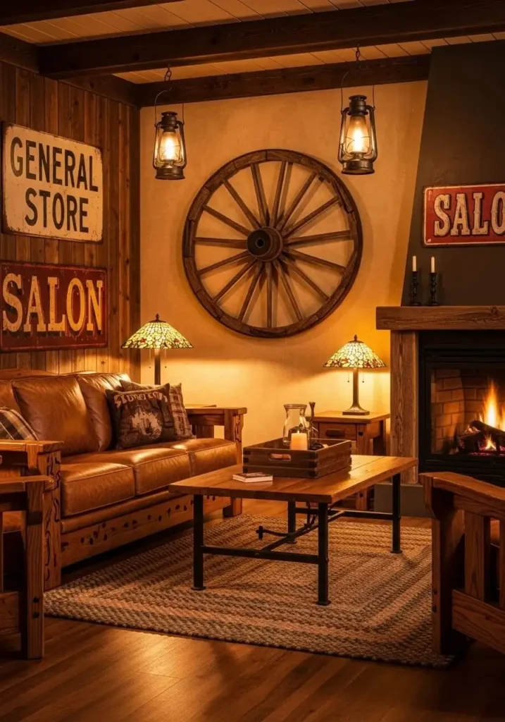 Vintage western decor elements in a cozy living room.