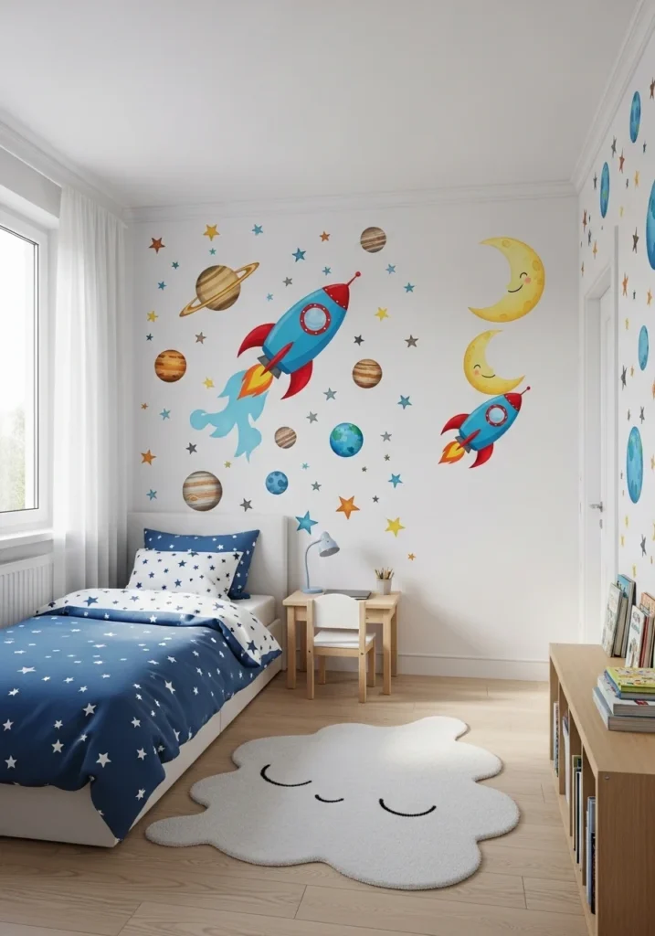 Bedroom with wall decals of rockets and planets in a fun space theme.