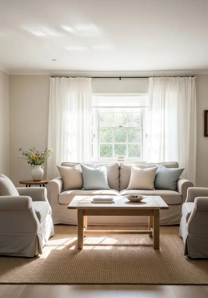 Light airy curtains allowing sunlight into a cozy cottage living room.