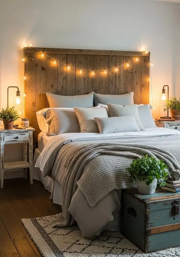 rustic bedroom with string lights