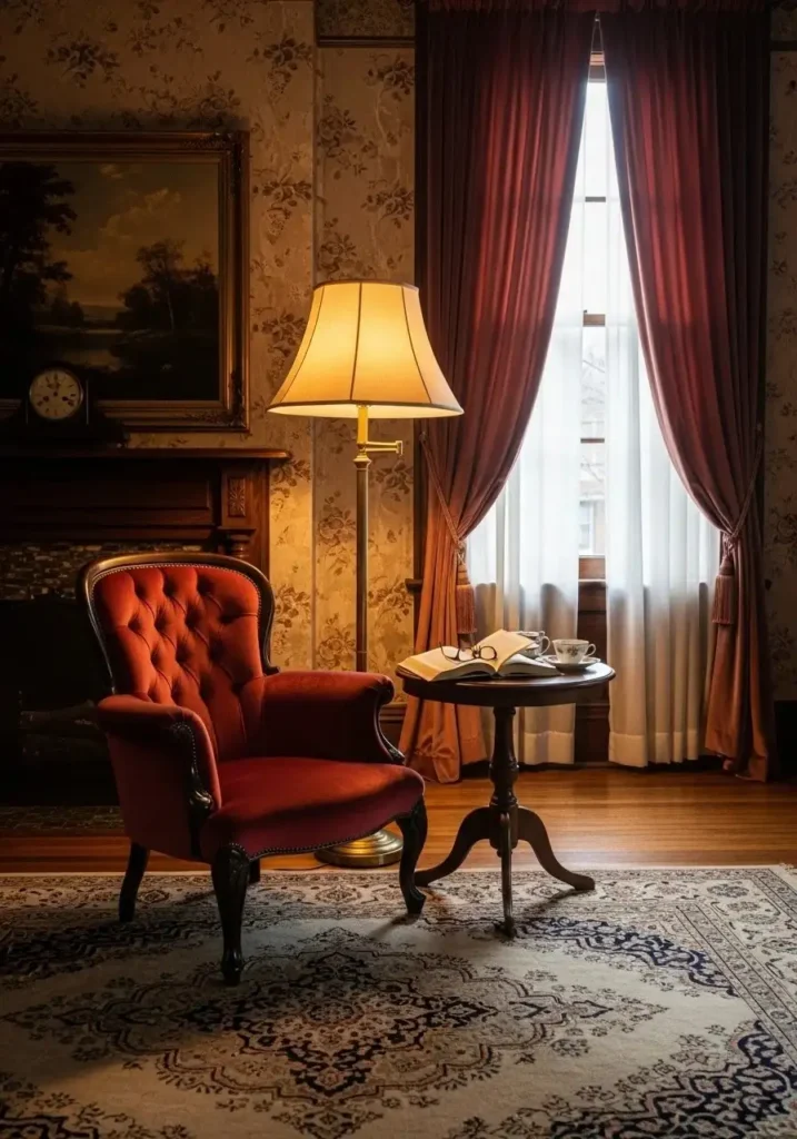 Tufted vintage armchair in cozy reading corner