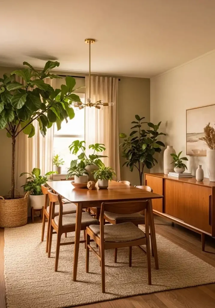 Mid century dining room with indoor plants adding freshness and texture