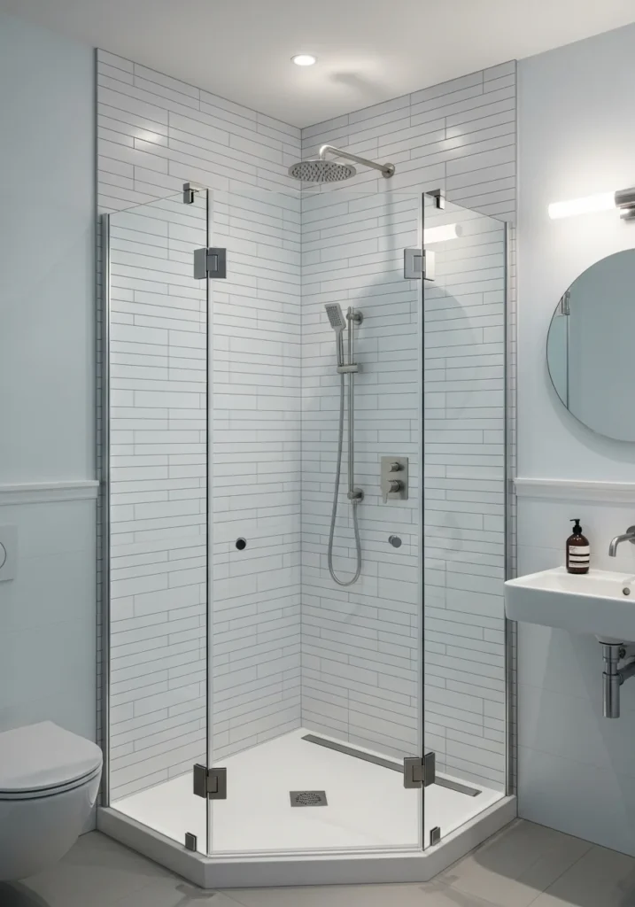 Frameless corner shower for small bathrooms, maximizing space and modern appeal