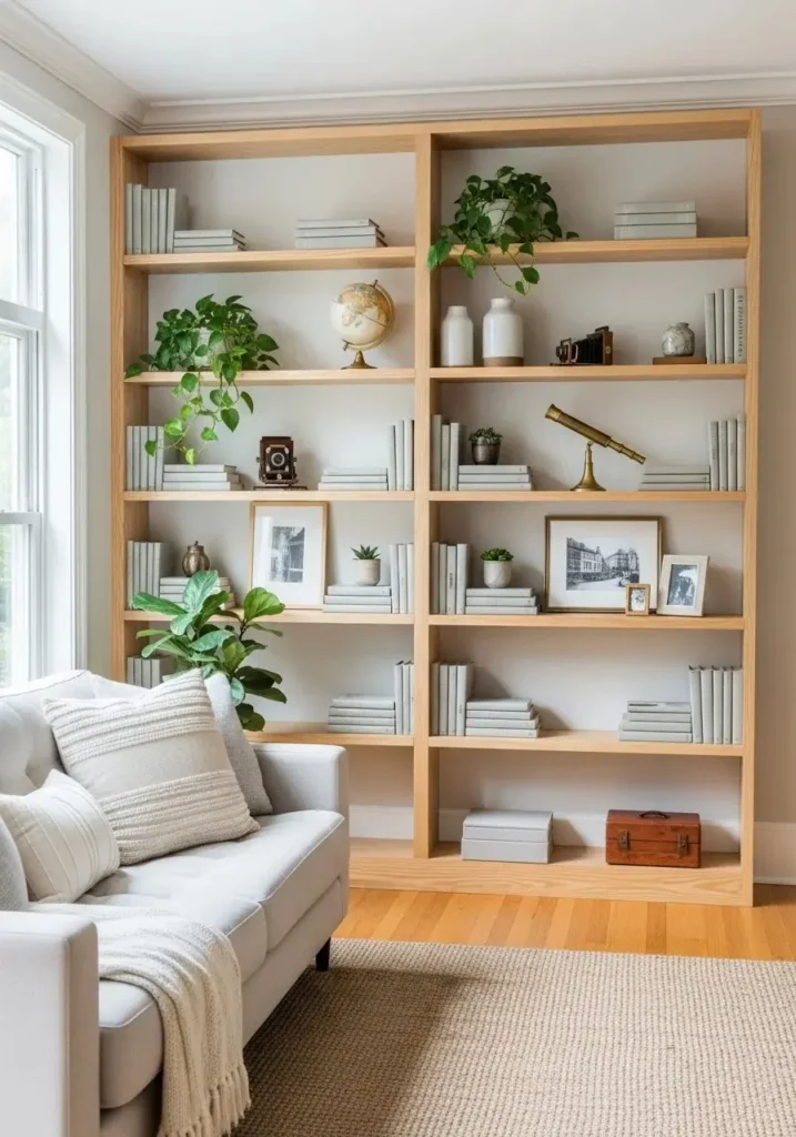 Cottage living room with open shelves decorated with books, plants, and vintage items.