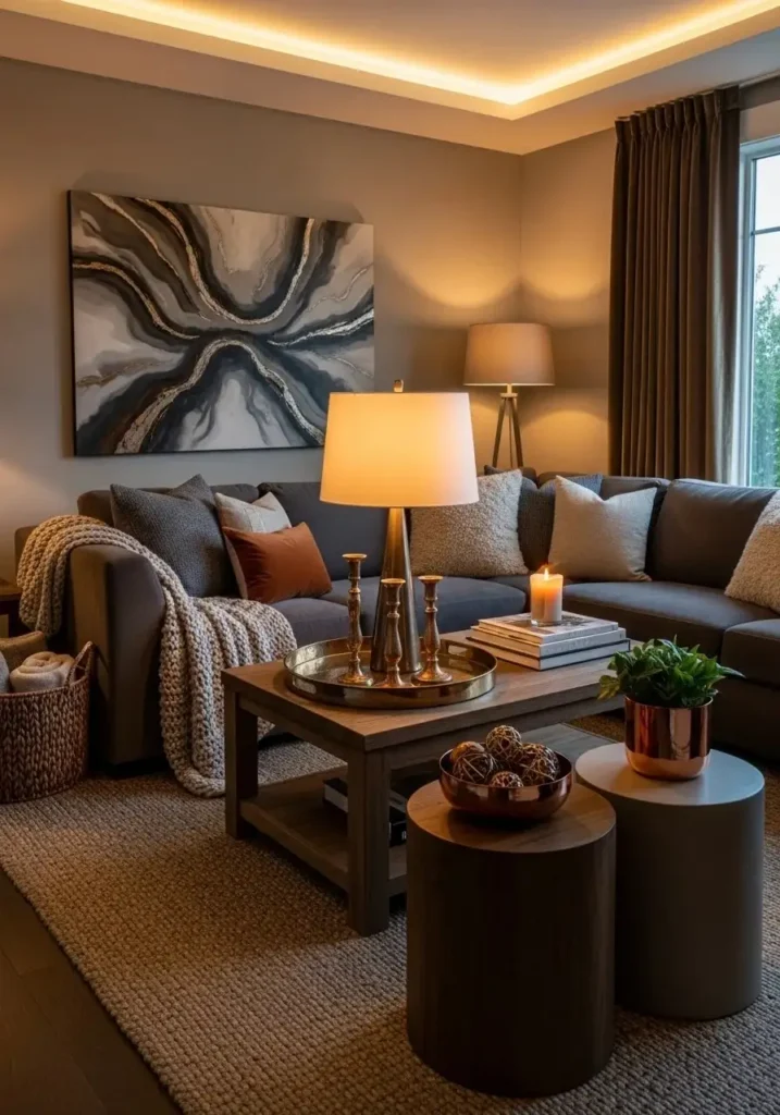 Metallic accents add shine and elegance to a gray and brown living room.