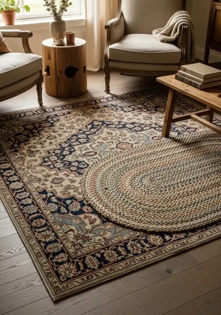 Layered rugs in a cozy cottagecore living room.