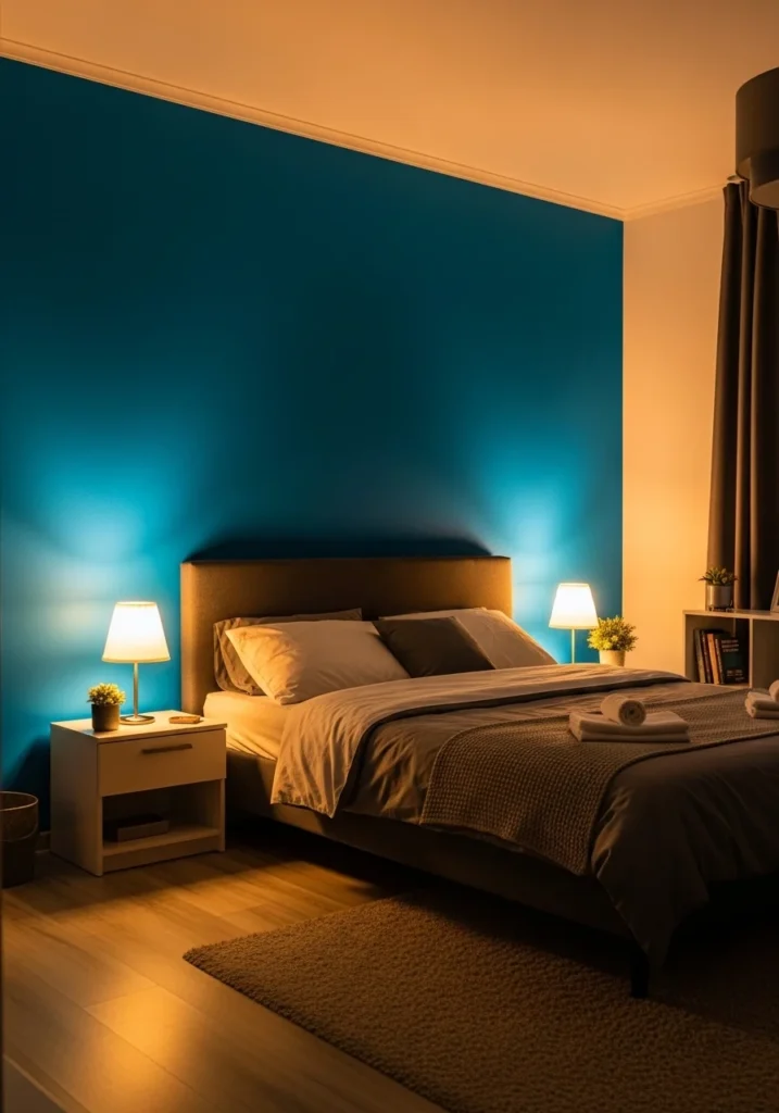 Blue accent wall bedroom enhanced with soft warm lighting for a cozy and relaxing feel
