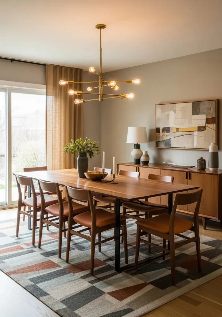 Mid century dining room mixing wood and metal accents for contrast