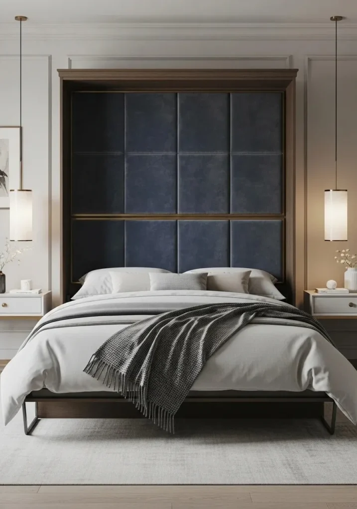 Luxury Murphy bed with upholstered panels, combining comfort, style, and space-saving functionality.