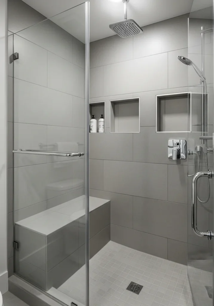 Frameless shower with bench and recessed storage niches for a stylish, functional bathroom