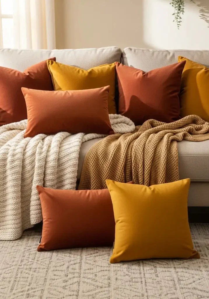 Beige couch decorated with warm-toned throw pillows in terracotta and mustard for a cozy, inviting living room.