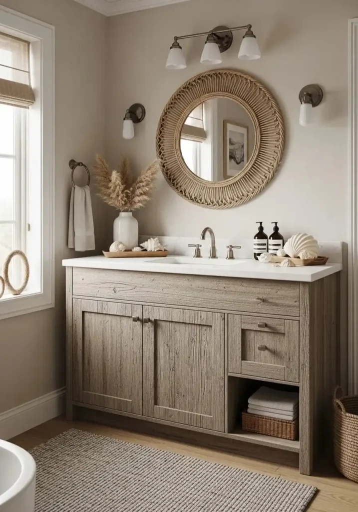 Weathered wood vanity adding warmth and natural texture to a coastal bathroom