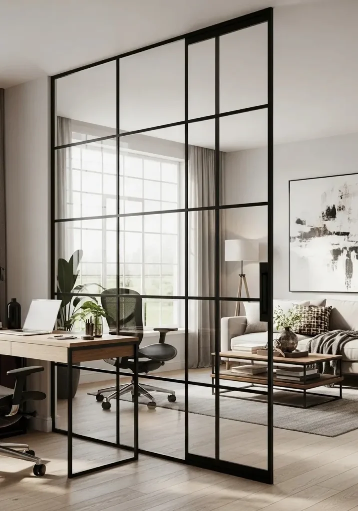 Glass partition dividing office and living space