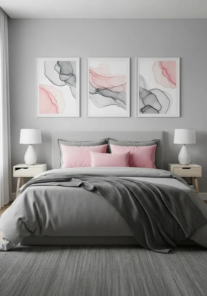 Pink and gray abstract wall art in a bedroom with coordinating bedding.