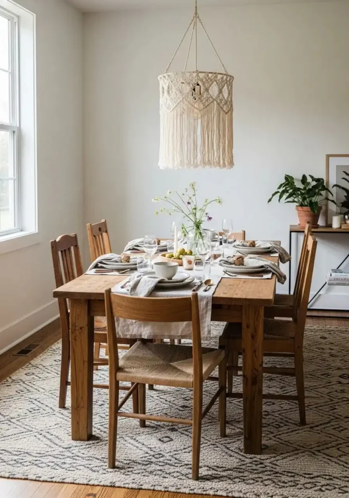 Boho dining room with natural wood table adding warmth and texture