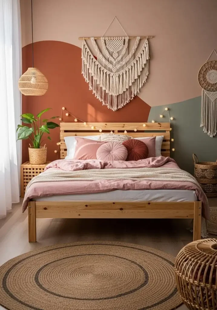 Natural wood furniture with pink accents in boho bedroom