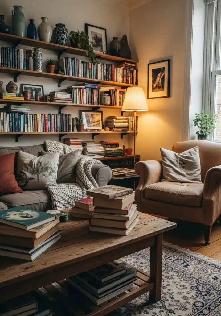 Vintage living room with books adding warmth and personality.