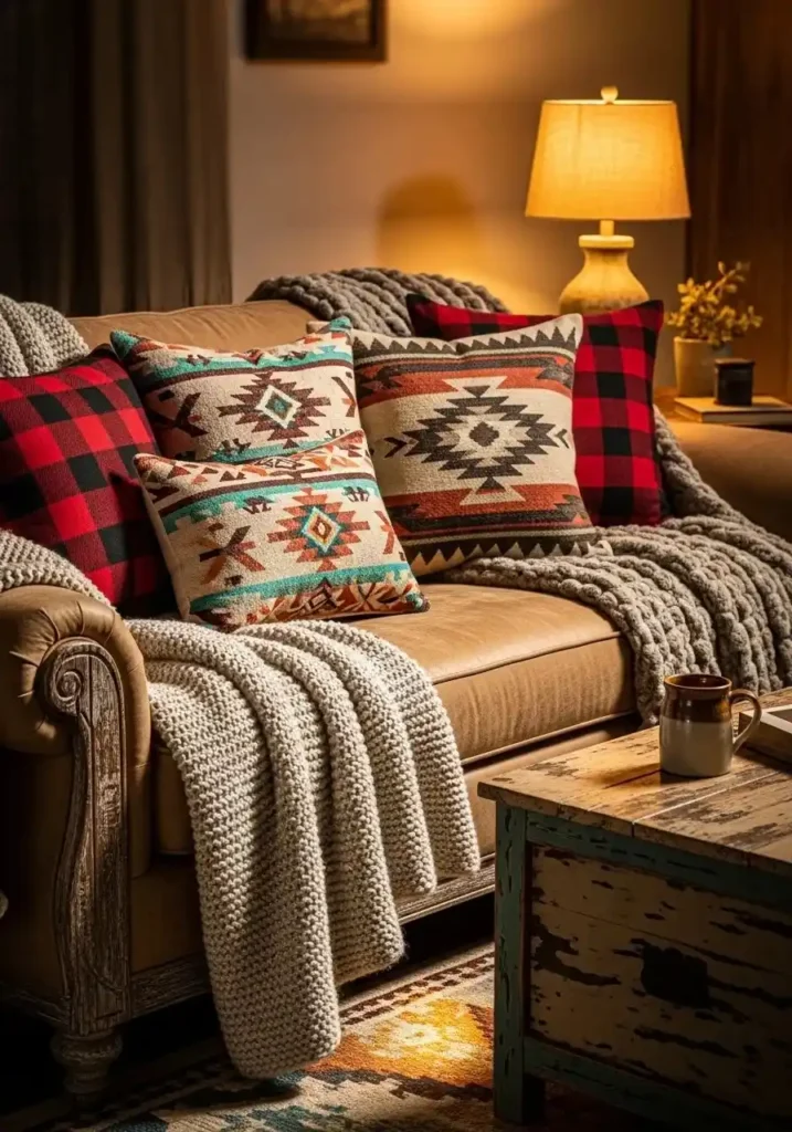 Textured pillows and blankets in a rustic western living room.